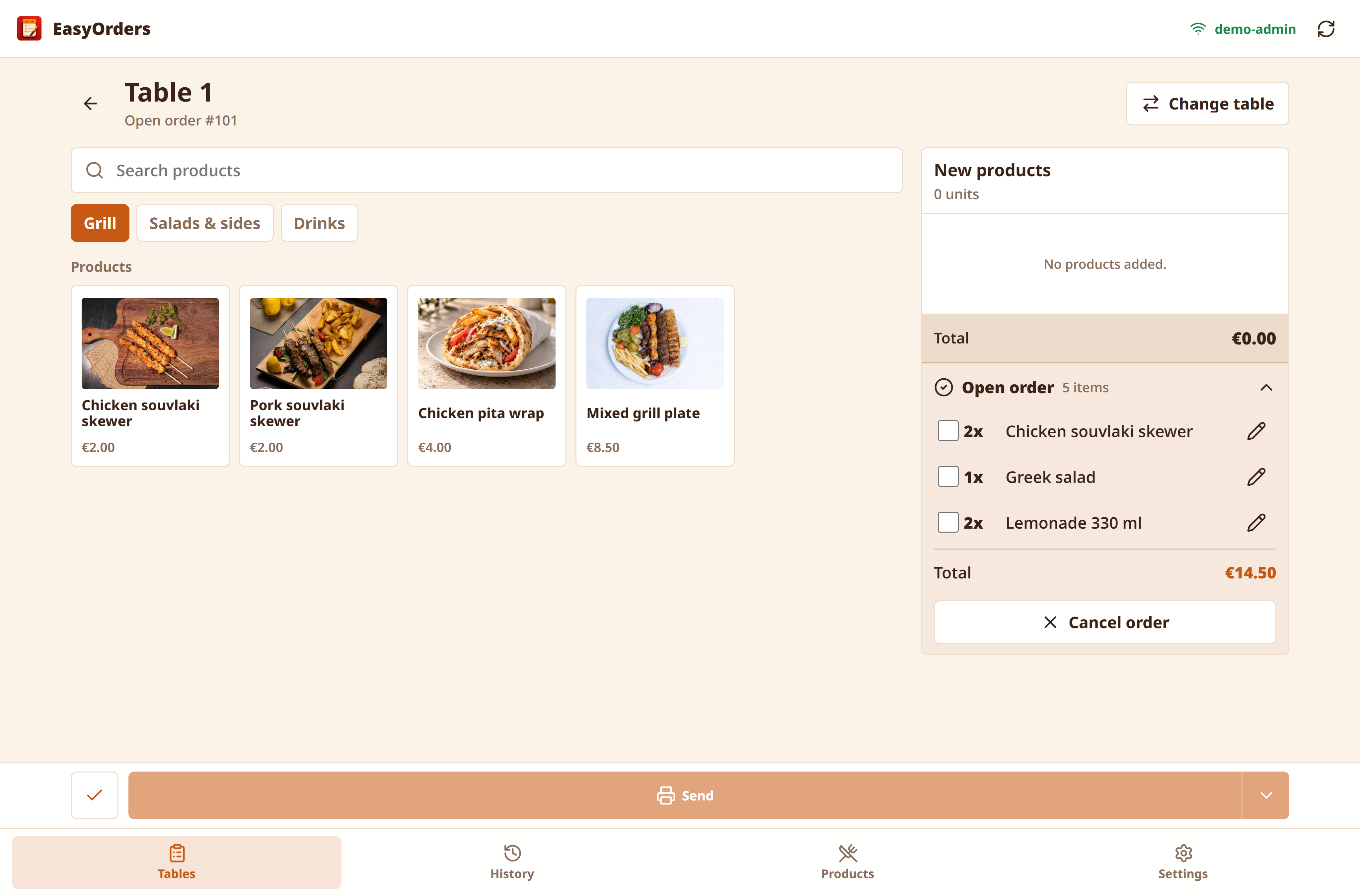 The actual EasyOrders desktop app with a fictional menu