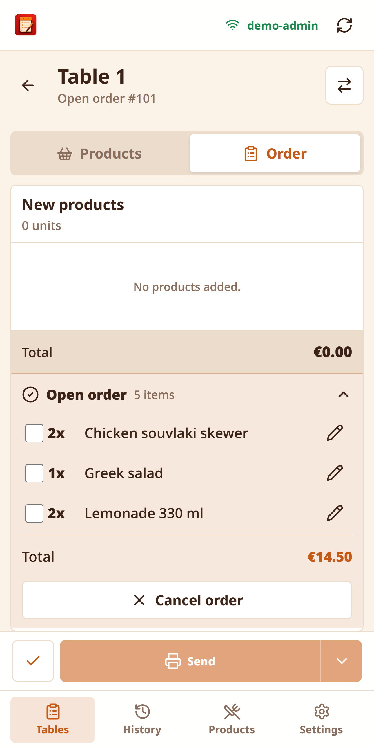 Actual EasyOrders order screen with fictional menu items